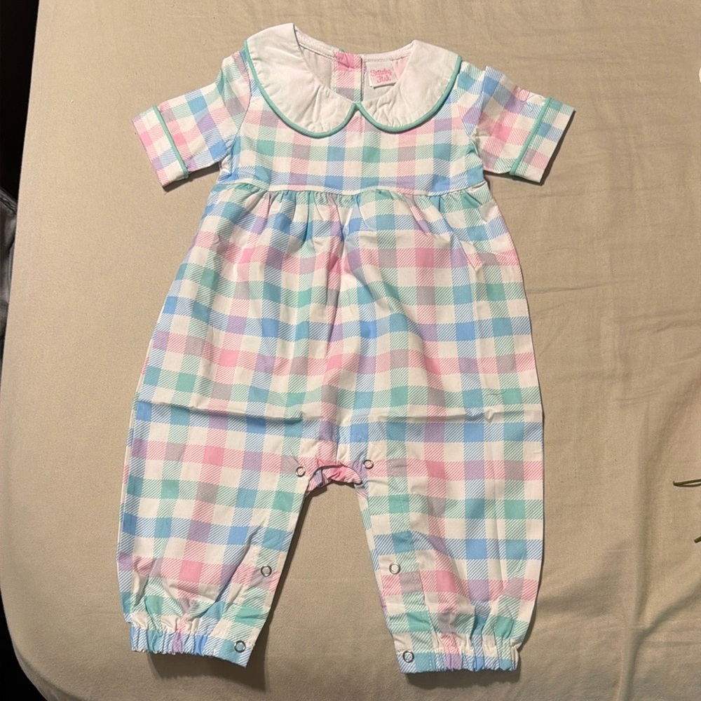 Stitchy Fish Pastel Plaid Baby Romper with Peter Pan Collar